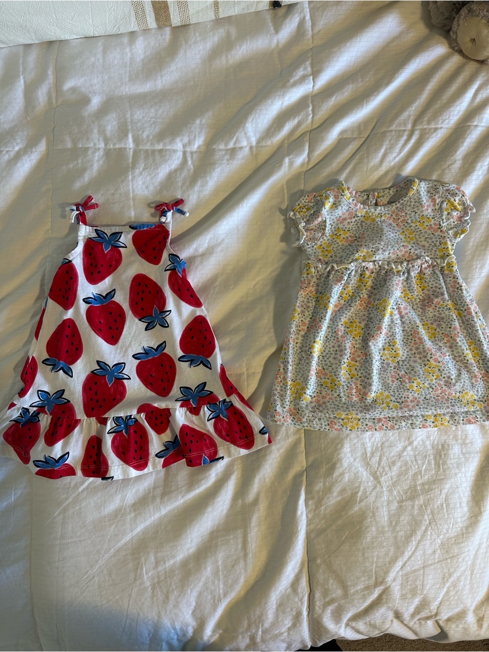Two Baby Girl Dresses - White Strawberry Print Sundress - Pink & Red